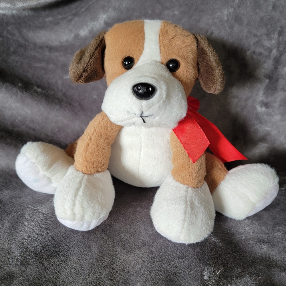 Animal Adventure Plush Dog Kids 7.5in Brown White Excellent Red Ribbon Stuffed